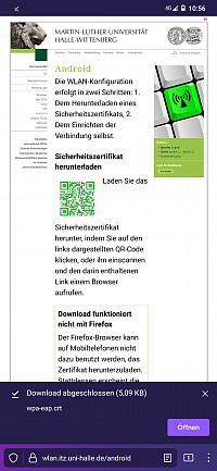 Download WLAN-Zertifikat erfolgreich