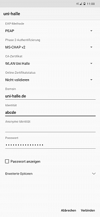 Security settings for WiFi network "uni-halle"