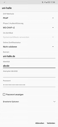 Security settings for WiFi network "uni-halle"